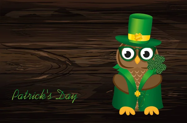 Chouette en costume vert traditionnel et lunettes le jour de Patrick . — Image vectorielle