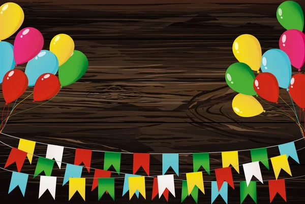 Bunting colorido em uma corda com balões. Uma grinalda de bandeiras. Saudação — Vetor de Stock