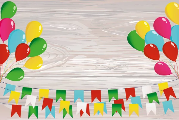 Bunting colorido em uma corda com balões. Uma grinalda de bandeiras. Saudação — Vetor de Stock