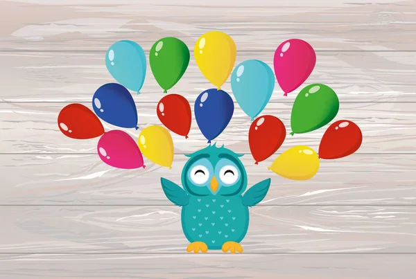 A cute owl has a happy smile and flips many colorful balloons. — Stock Vector