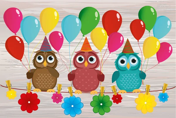 Three lovely owls sit on a rope and hold balloons. Hanging on cl — Stock Vector