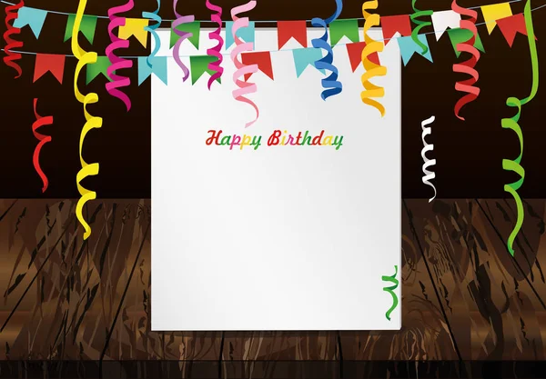 Tarjeta de felicitación con banderas de colores y confeti sobre fondo de madera — Vector de stock