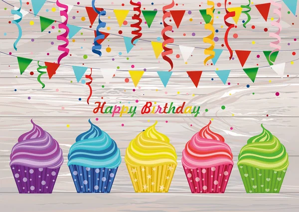 Tarka betűk és szavak, egy születésnapi cupcakes. — Stock Vector