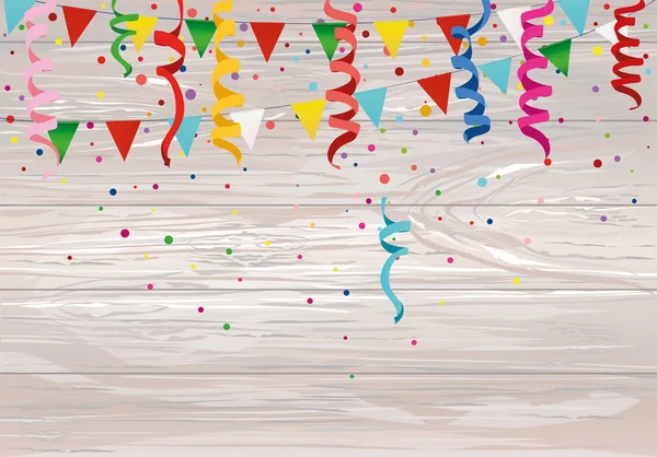 Confettis multicolores colorés et guirlande de drapeaux. Vacances — Image vectorielle