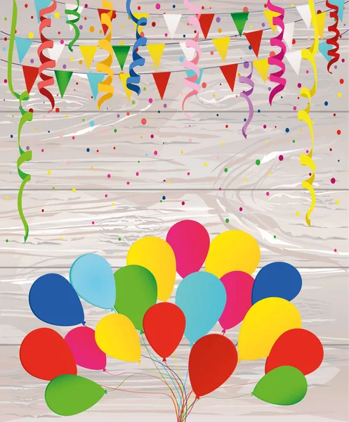 Confettis multicolores colorés et guirlande de drapeaux et ballons — Image vectorielle