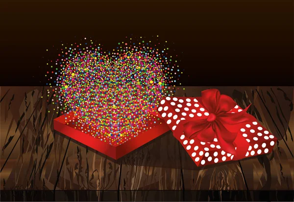Abra a caixa vermelha de presente com voando forma confete multicolorido — Vetor de Stock