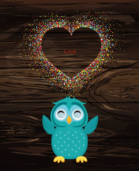 Un búho feliz lanza un confeti multicolor en forma de corazón — Archivo Imágenes Vectoriales