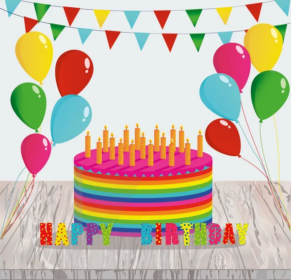 Festlich bunte Regenbogen und eine große Torte mit Kerzen. glücklich — Stockvektor