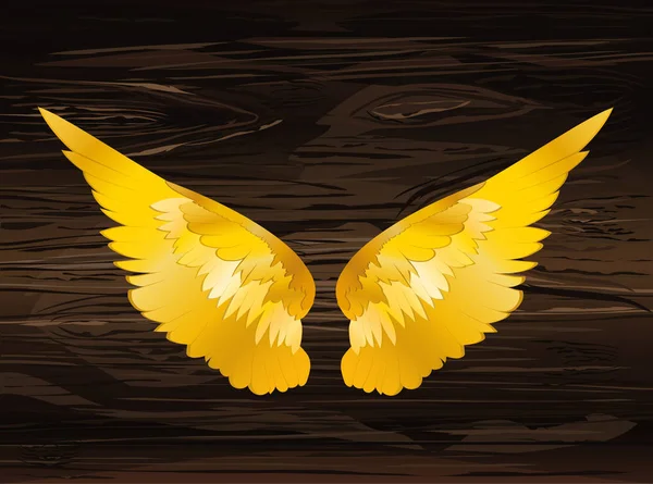 翼。木製の背景のベクトル図です。黄金色 — ストックベクタ