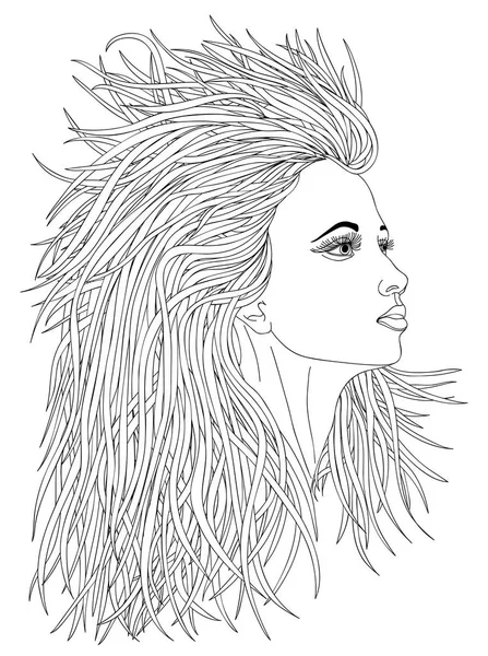 Profil belle femme aux cheveux longs ondulés. Style graphique. Sois — Image vectorielle