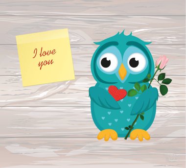 Şirin mavi owlet vermek için bekleyen bir çiçek pembe Gül ve kalp