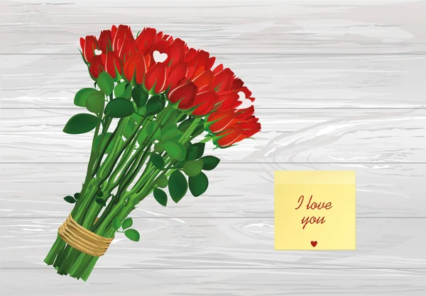 ช่อดอกไม้สีแดง แผ่นกระดาษสีเหลืองสําหรับบันทึก สติ๊กเกอร์ — ภาพเวกเตอร์สต็อก