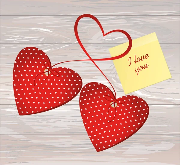 Deux cœurs rouges avec arc et ruban. Feuille de papier jaune pour non — Image vectorielle