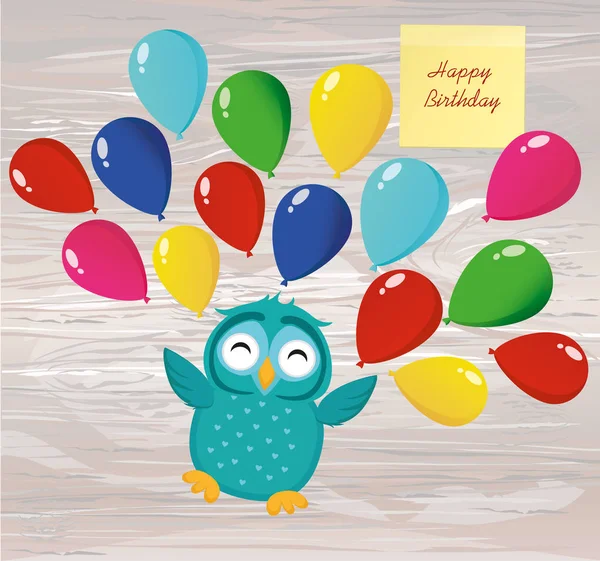 A cute owl has a happy smile and flips many colorful balloons. — Stock Vector