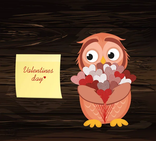 Cute owlet waiting to give a  of flowers of hearts as a gift — Stock Vector