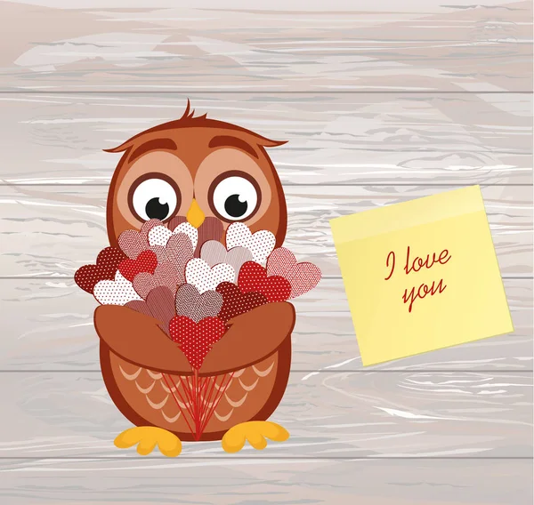 Cute owlet waiting to give a  of flowers of hearts as a gift for — Stock Vector