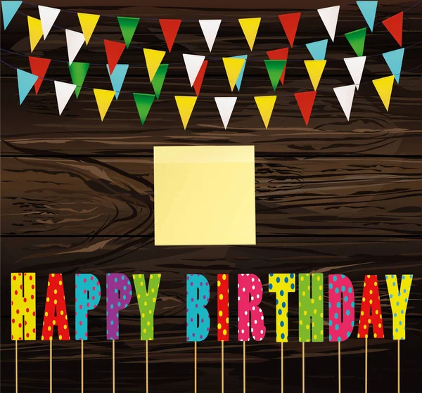 Letras coloridas feliz aniversário no pau. Guirlanda arco-íris de fl —  Vetores de Stock