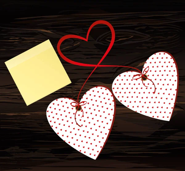 Zwei rote Herzen mit Schleife und Schleife. Gelbes Blatt Papier für nichts — Stockvektor