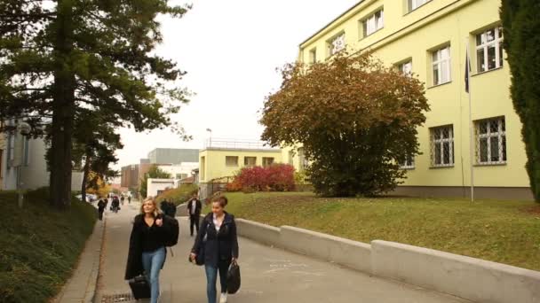 Estudiantes Universidad de Mendel en Brno ir a y desde la escuela, niñas, niños, auténtica — Vídeo de stock