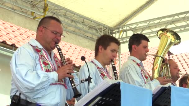 オロモウツ、チェコ共和国、2017 年 7 月 30 日: 伝統的な歴史的スロバキア民族衣装モラヴィア Uhersky Brod、真鍮音楽のバンドで — ストック動画