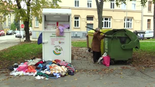 オロモウツ、チェコ共和国、2017 年 10 月 20 日: 本格的なホームレス貧しい女性のゴミ箱と混乱や破壊行為、コンテナー周辺の通りで生き残るために必要なものから食べる食べ物を探して — ストック動画