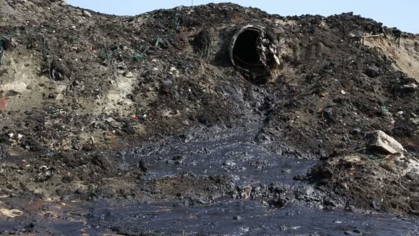 El antiguo vertedero de residuos tóxicos, efectos de la naturaleza del suelo y el agua contaminados con productos químicos y petróleo, desastre ambiental, contaminación del medio ambiente — Vídeos de Stock