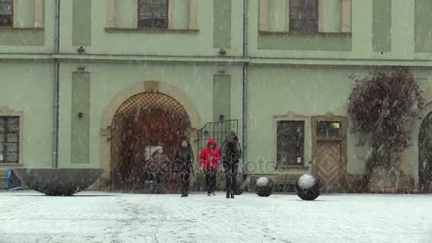 Olomouc, Tjeckien, 3 januari 2018: Calamity vintertid, snöstorm blizzard med en bra snöfall, människor är chockad problem för fotgängare, promenader personer i snö — Stockvideo