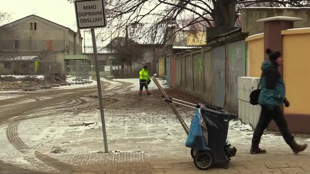 Prerov, Tsjechië, 17 November 2017: De vrouw pikt en verzamelt afval, reinigt de stoep van de stad, zeer vuile, lelijk en Prullenbak — Stockvideo