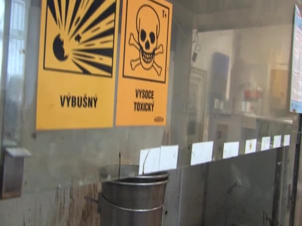 BRNO, CZECH REPUBLIC, JANUARY 18, 2015: Asphalt Research Laboratory is a very important science in the field of asphalt asphalt and road and motorway displacement, note icons in laboratory are toxic — Stock Video