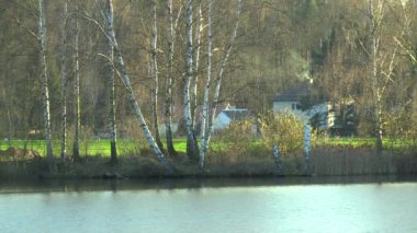 Halk geleneksel mimari ev içinde Köyü Nova Hlina, bir gölet üzerinde günbatımı Güney Bohemya huş ağacı Betula ağaçlar ve rüzgarlı su, baca sonbahar ile duman