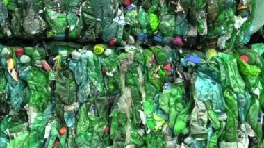 Ayrılmış ve preslenmiş atık yeşil plastik şişe paketi geri dönüşüm ve diğer yeni malzemelerin üretim için hazır. Çevre, ekonomik ve ekolojik dostu, sürdürülebilir gelişim
