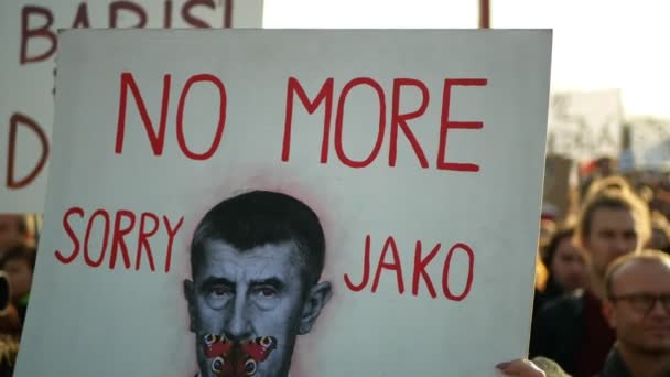 PRAGA, REPÚBLICA CHECA, 16 DE NOVIEMBRE DE 2019: Manifestación de la multitud, pancarta Babis no más lo siento, multitud de activistas Letna Praga República Checa, 300 000 manifestantes de masas — Vídeo de stock