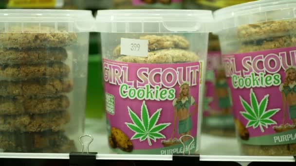 Praag, Tsjechië, 9 september 2019: Cannabis koekjes winkel of winkel Praag, verpakte hennep cannabidiol Cbd biscuit of cracker zaden en in verlicht pijn, blad symbool groen, Europa — Stockvideo