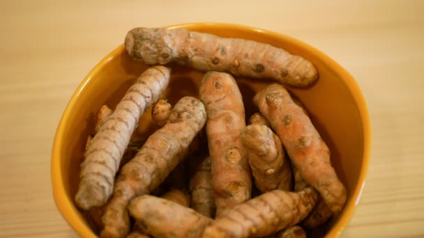 Rhizome de raízes de açafrão Curcuma longa em tigela, açafrão indiano é cozido são secos e moídos a um pó amarelo. Usado em temperos de caril efeitos anti-inflamatórios, cozinha paquistanesa e tailandesa — Vídeo de Stock