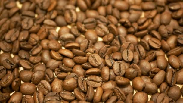 Grãos de café detalhe torrado cultivado Brasil. Variedade Coffea arabica orgânico bio café expresso preparação italiana refrescante, loja saudável, planta assar árabe, fundo marrom claro — Vídeo de Stock