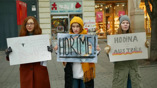 Brno, Czechy, 10 stycznia 2019 r.: Piątek na przyszłość, demonstracja przeciwko pożarom krzewów przeciwpożarowych w Australii, znak sztandaru Palenie, tłum młodych uczniów liceum — Zdjęcie stockowe