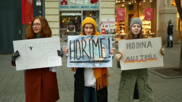 Brno, Çek Cumhuriyeti, 10 Ocak 2019: Gelecek için Cuma, aktivistler ve aktivizm gösterileri iklim değişikliği yangın çalı yangınları Avustralya, pankart yanıyor, lise öğrencileri kalabalıklaşıyor — Stok video