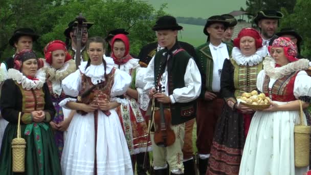 Olomouc, Czech Republic, May 24, 2018: Πλήθος προσκυνήματος ανδρών και γυναικών διασχίζουν το δρόμο με την παραδοσιακή λαϊκή φορεσιά της Hana, χριστιανικό λαϊκό τραγούδι στο σταυρό του Ιησού Χριστού — Αρχείο Βίντεο