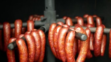 Sausage red smokehouse smoked on beech wood pig slaughter traditional Czech household hangs, sausage-meat, smoked meat, ribs, blood sausage, traditional farm farming homemade