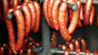 Sausage red smokehouse smoked on beech wood pig slaughter traditional Czech household hangs, sausage-meat, smoked meat, ribs, blood sausage, traditional farm farming homemade