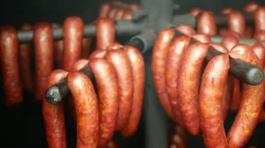 Sausage red smokehouse smoked on beech wood pig slaughter traditional Czech household hangs, sausage-meat, smoked meat, ribs, blood sausage, traditional farm farming homemade