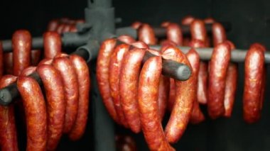 Sausage red smokehouse smoked on beech wood pig slaughter traditional Czech household hangs, sausage-meat, smoked meat, ribs, blood sausage, traditional farm farming homemade