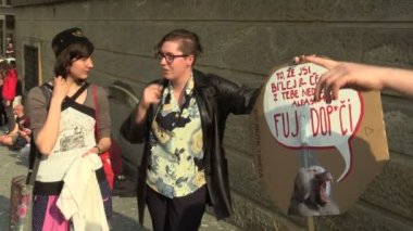 BRNO, CZECH REPUBLIC, MAY 1, 2019: People activists women, banner that you are white and what does not make you alfa male pussy, at demonstration against radical workers social party