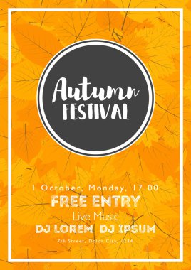 Güz Festivali şablonu. Dikey arka plan üzerinde parlak renkli sonbahar yaprakları. Tatil, konserler ve partiler için şablon. Sonbahar Tema