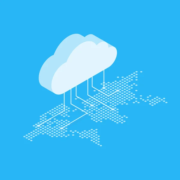 Ilustración isométrica de vectores que muestra el concepto de computación en nube. Desde la nube en el mapa del mundo — Archivo Imágenes Vectoriales