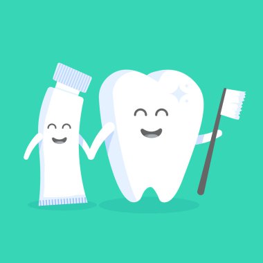 Sevimli çizgi diş karakter yüzü, gözleri ve elleri ile. Şahsiyet klinikler, diş hekimleri, afiş, tabela, web siteleri için kavram