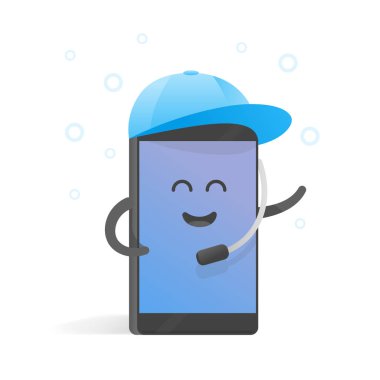 Smartphone kavramı Yöneticisi kap çağrılarında mikrofon ile kabul eder. Sevimli çizgi film karakteri telefon eller, gözler ve bir gülümseme ile