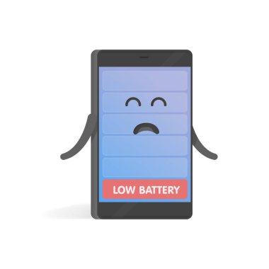 Smartphone kavramı düşük pil şarjı üzgün. Sevimli çizgi karakter telefon eller, gözler ve bir gülümseme ile