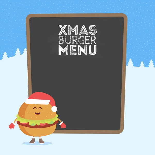 Personagem de papelão menu de restaurante de crianças. Natal e Ano Novo estilo de inverno. Hambúrguer bonito engraçado desenhado com um sorriso, olhos e mãos. Vestido com chapéu de Santa e luvas quentes — Vetor de Stock