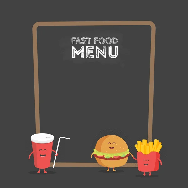 Komik şirin lokanta hamburger, soda, patates kızartması bir gülümseme, gözleri ve elleri ile çizilmiş. Çocuklar Restoran Menü karton karakter — Stok Vektör